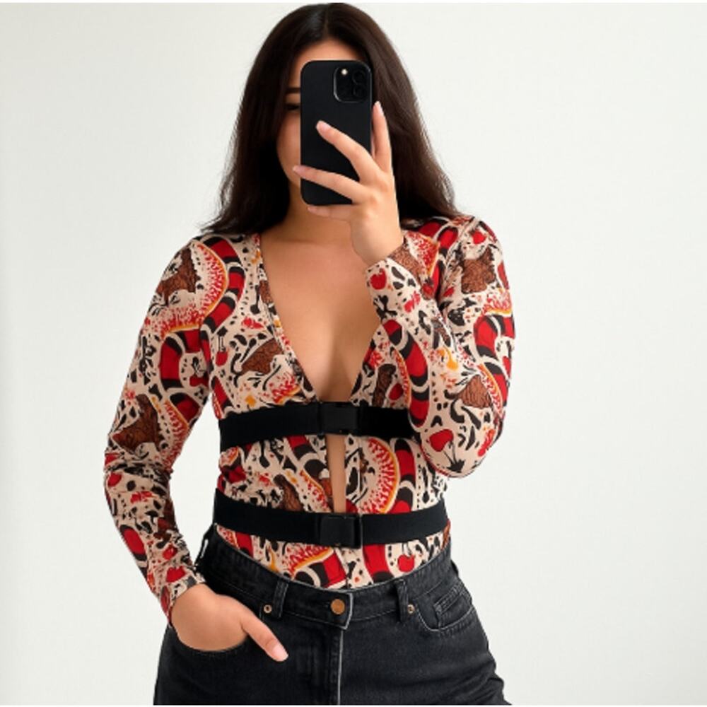 Beginning Boutique Red, Black, Cream Printed Long-Sleeve Tank